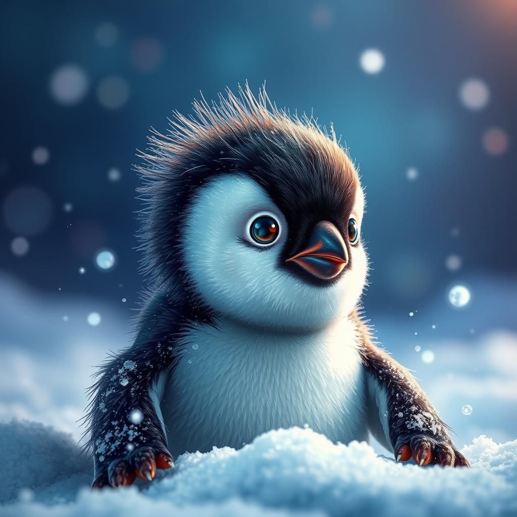 Hyperrealistic Adelie Penguin Chick in Snow