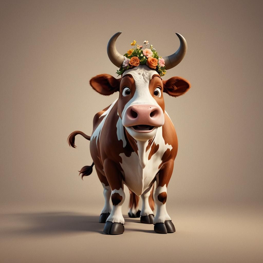 Pixar-Style Brown Cow in Colorful 3D Rendering
