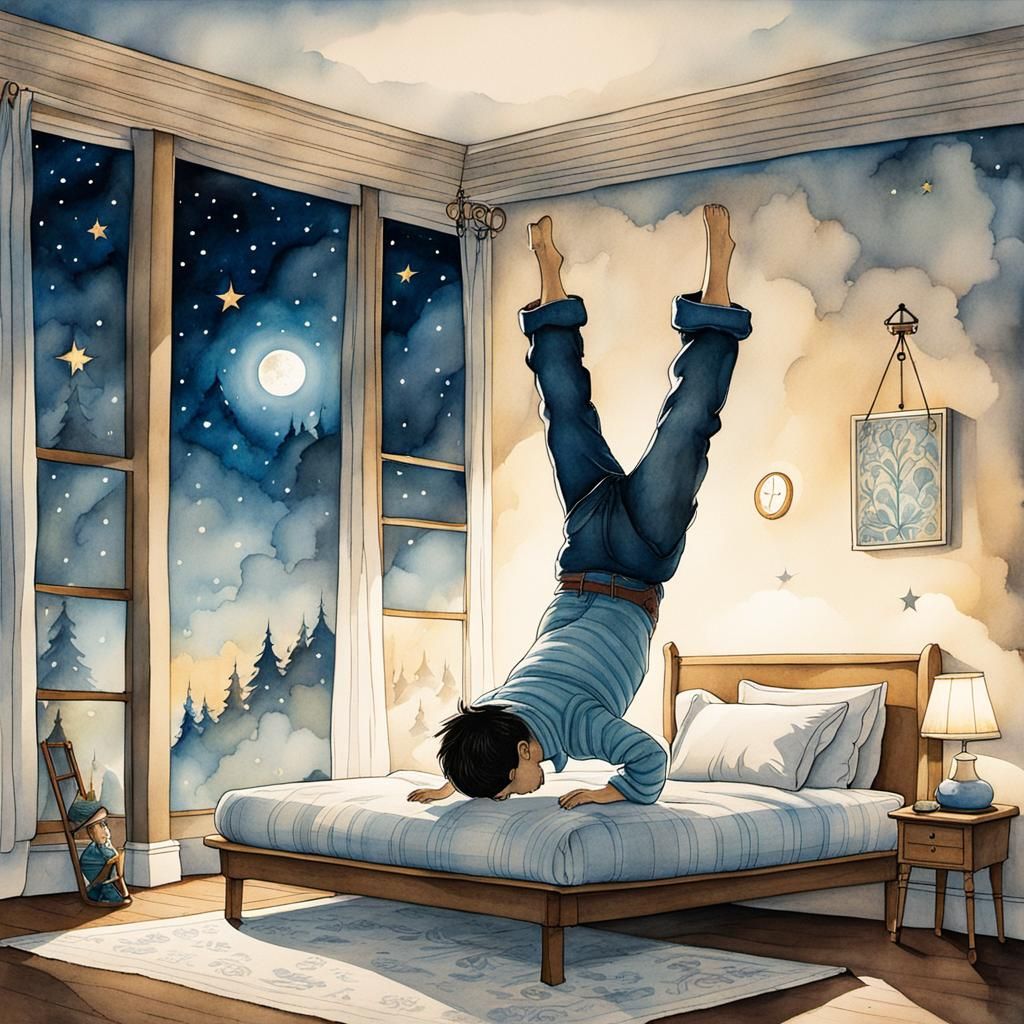 Boy's Whimsical Handstand: Ink and Watercolor Illustration