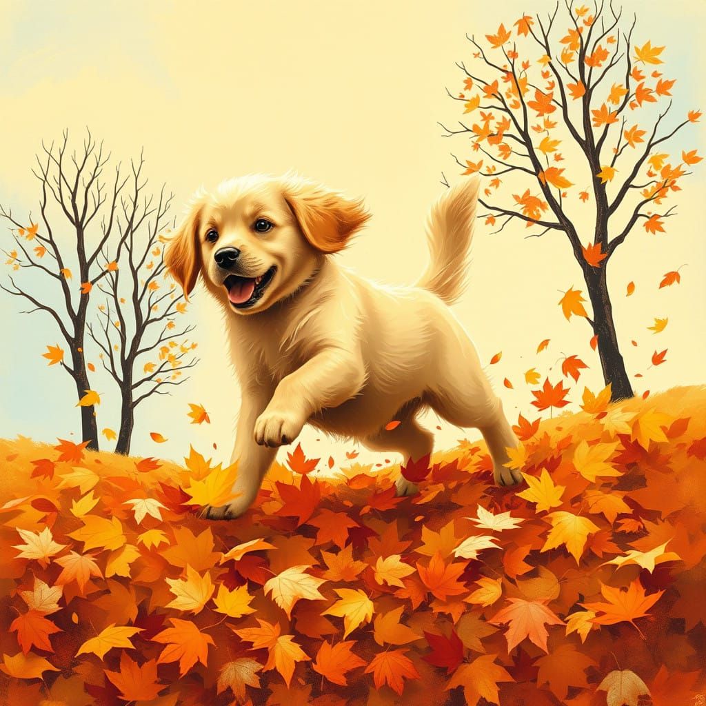 Golden Retriever Puppy in Whimsical Autumn Landscape