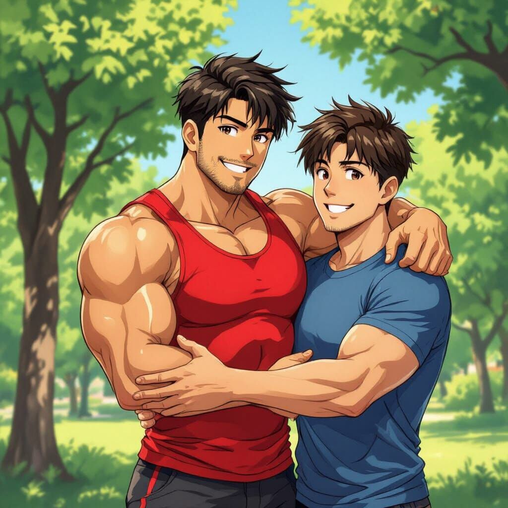 Anime Style Illustration of Two Men Hugging in a Park