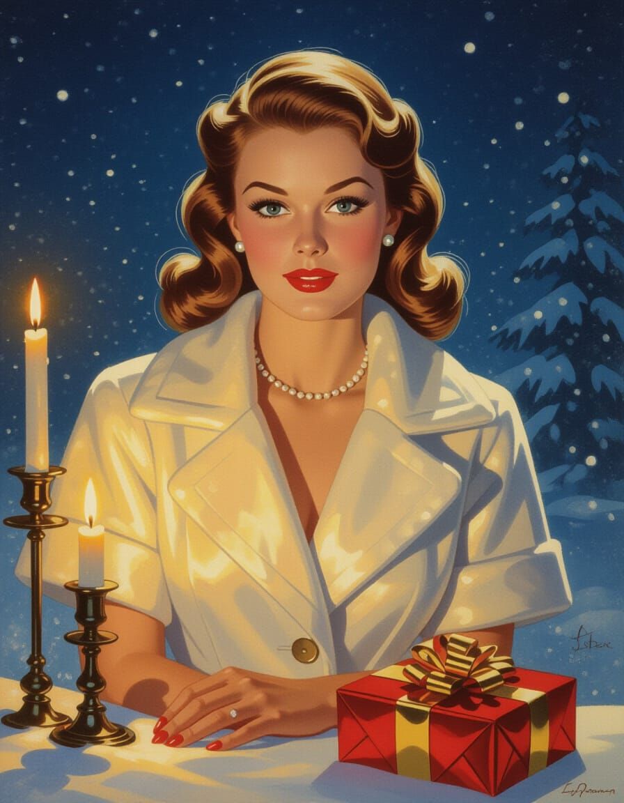 Pin-Up Woman in Gold Dress with Luminous Glow