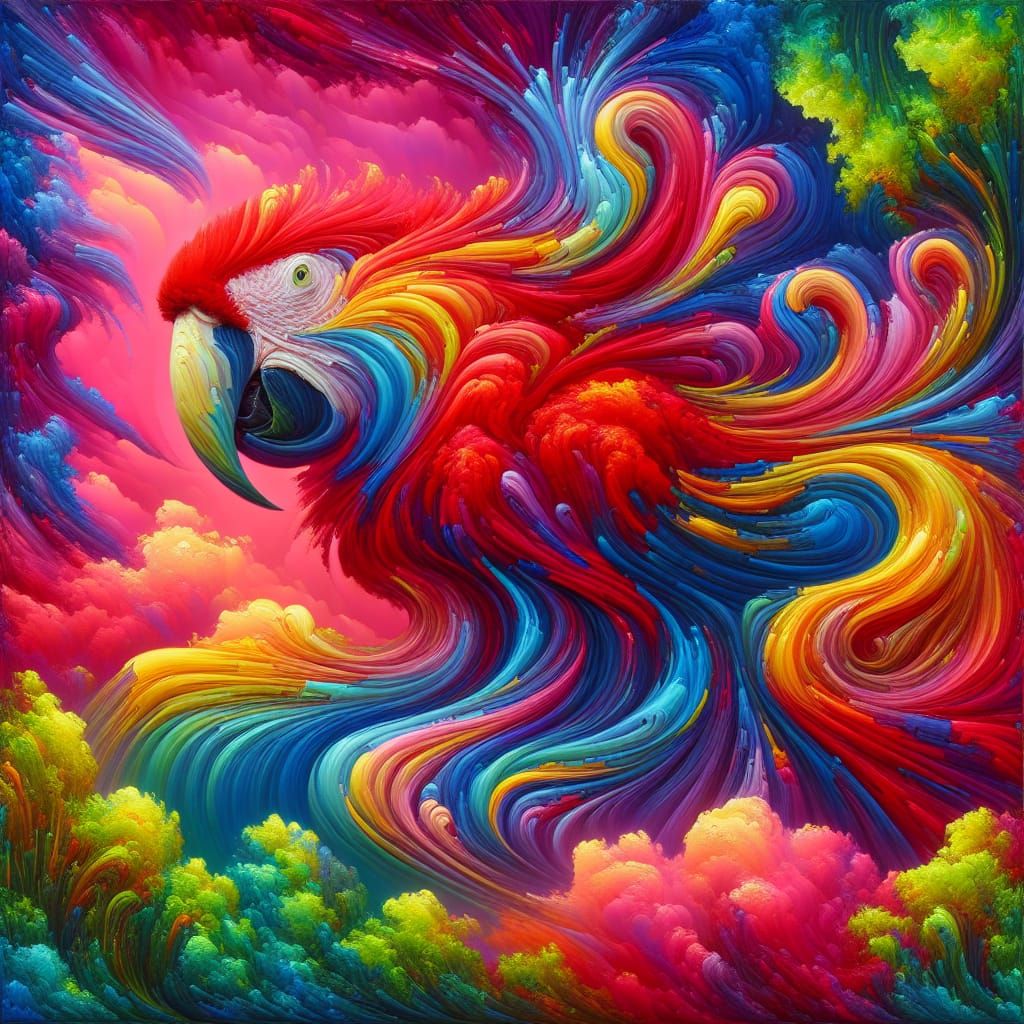 Surreal Scarlet Macaw in Vibrant Dreamscapes