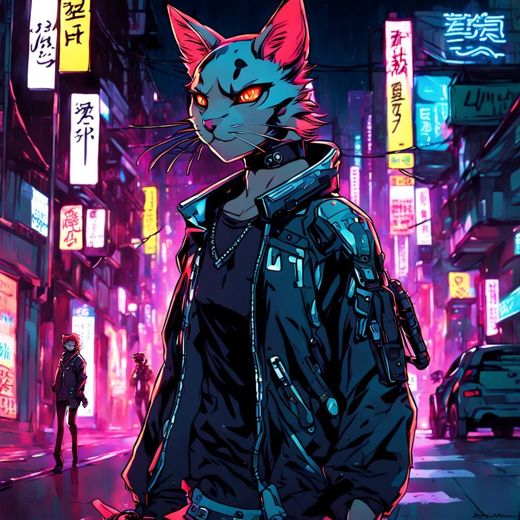 A tabaxi (catfolk) character with cyberpunk cybereyes for a Blade Runner themed Dungeons & Dragons game.