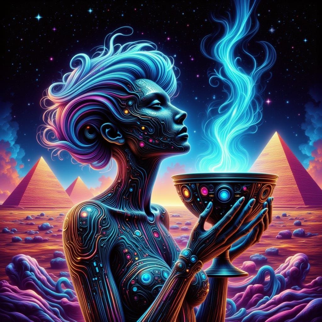 Alien Woman with Neon Circuitry and Bioluminescent Goblet