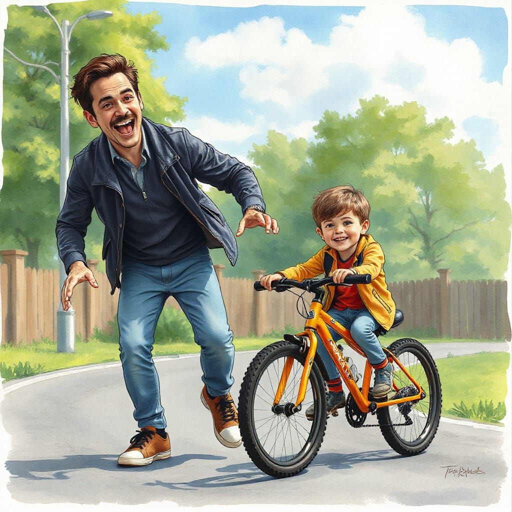 Boy Learns to Ride Bike in Watercolor Style