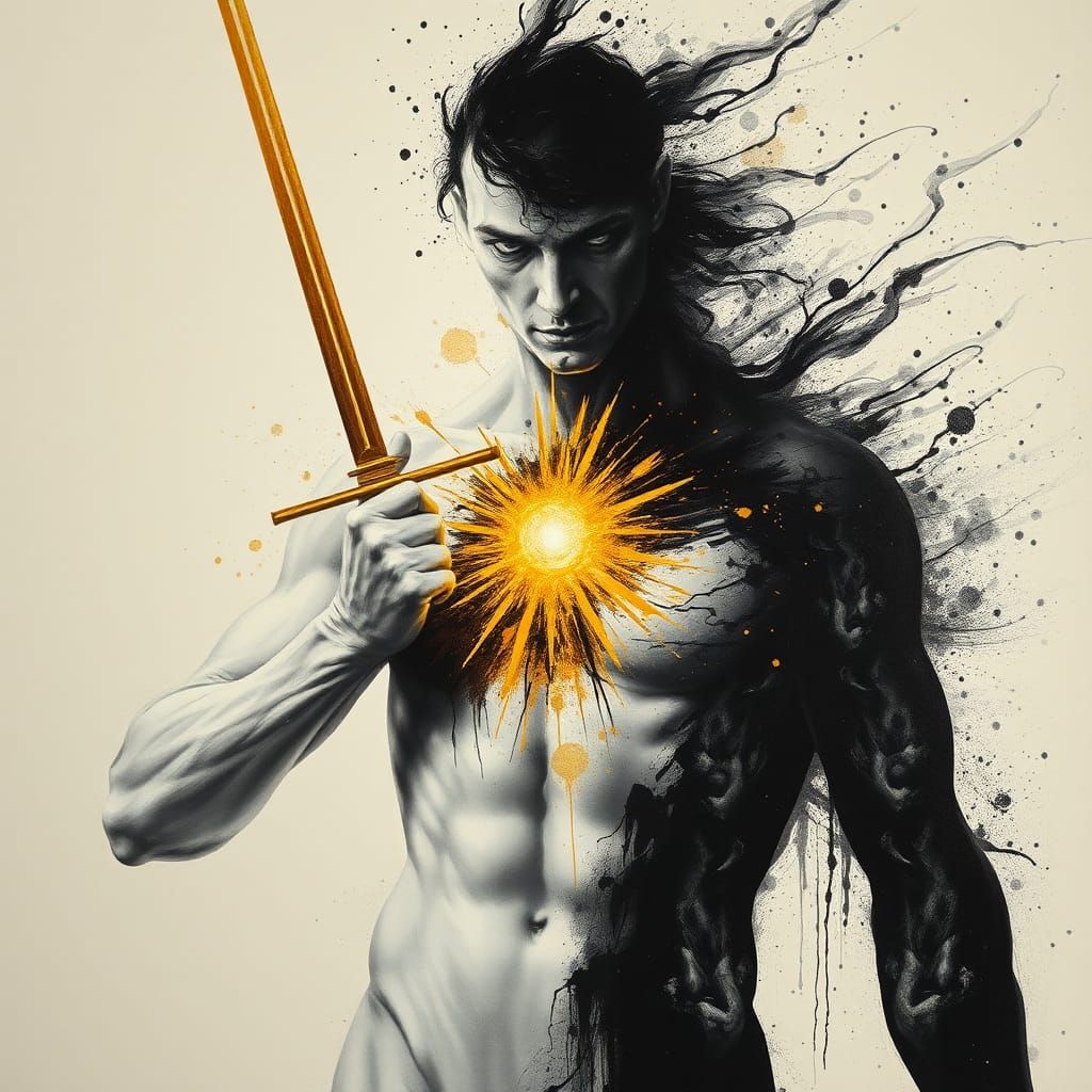 Golden Sword Pierces Shadow: A Dynamic Gouache Painting