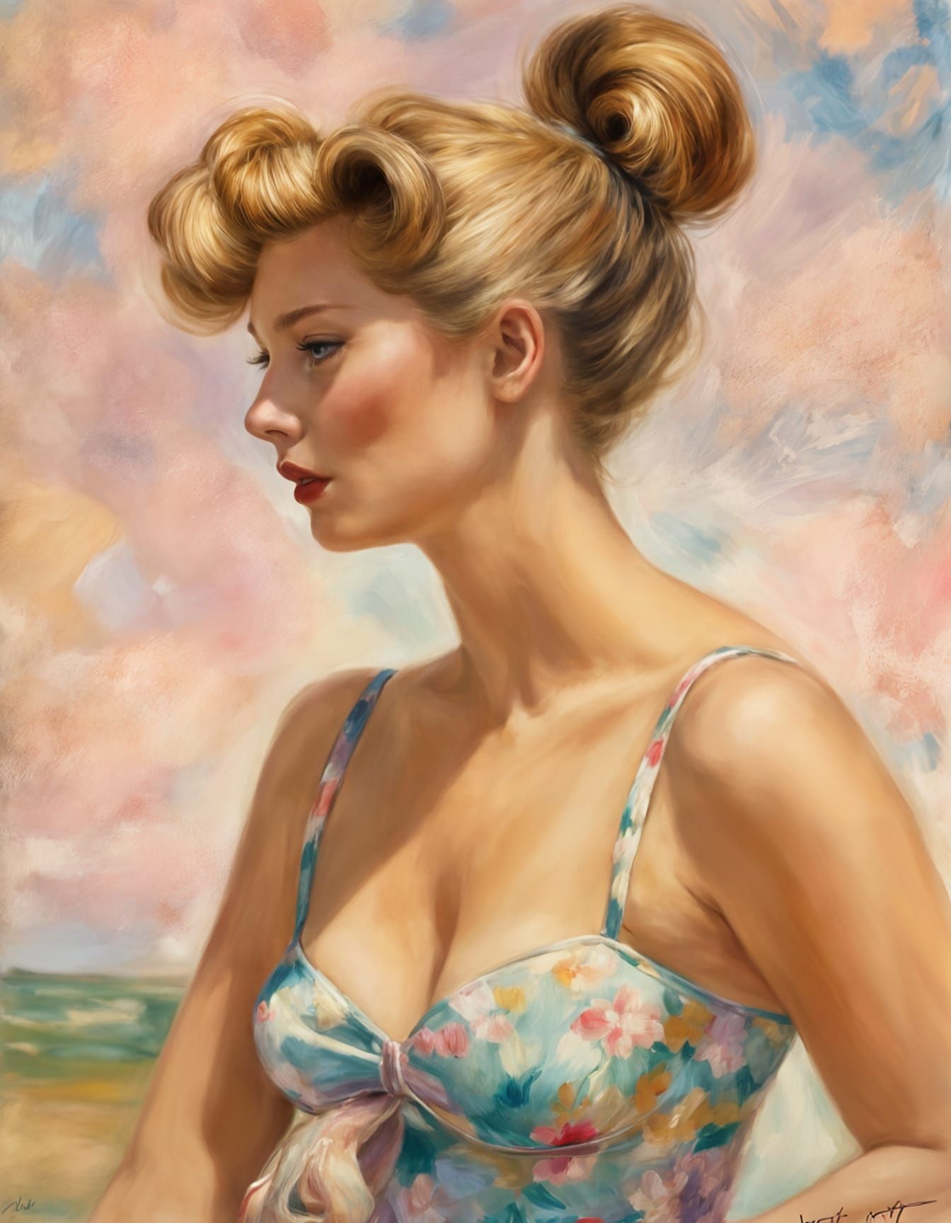 French Woman in 60s Bikini, Impressionistic Style