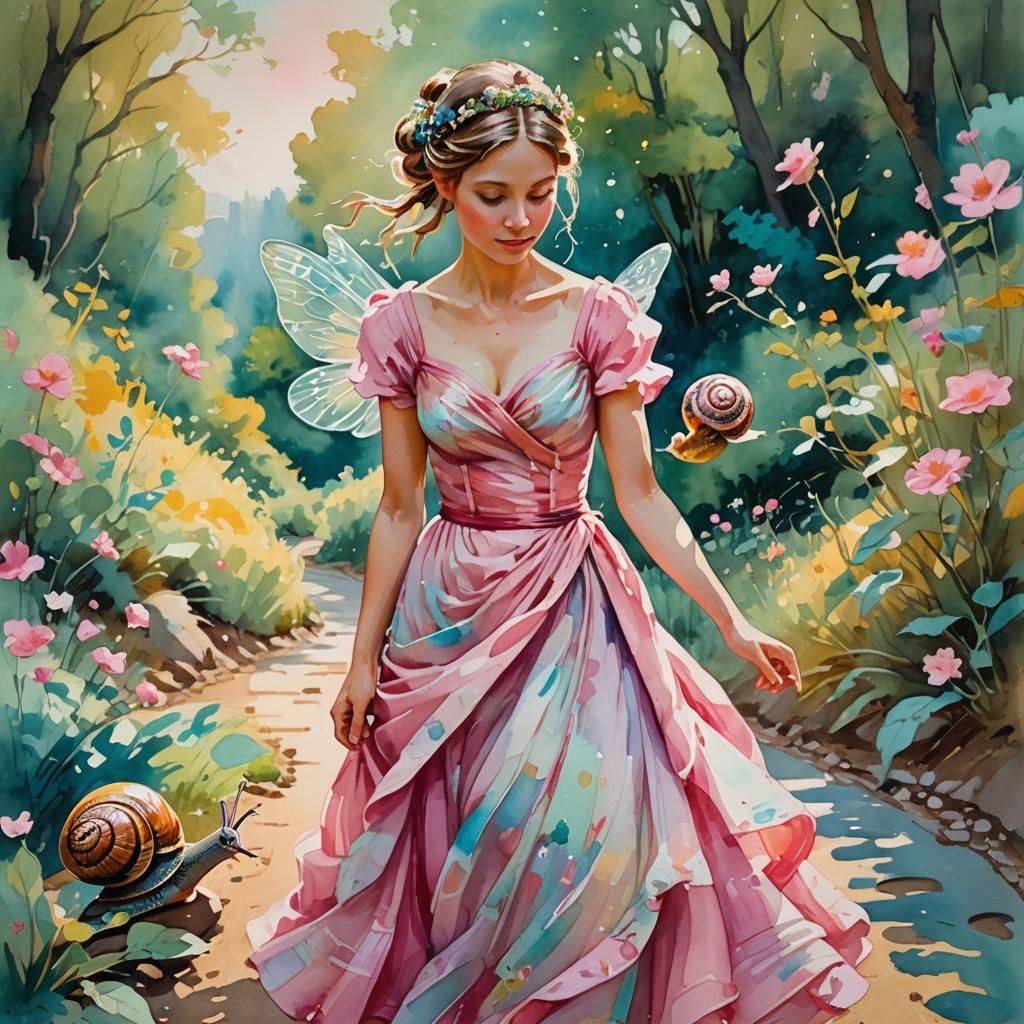 Fairy Rides Snail: Gouache Watercolor Masterpiece
