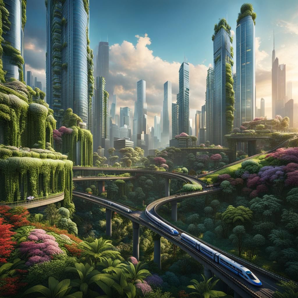 Utopian Cityscape with Green Skyscrapers, Fantasy Art