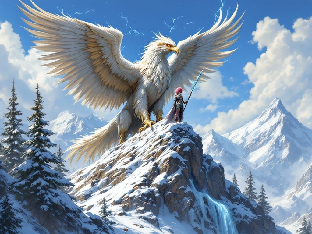 Epic Griffin and Warrior on Snowy Mountain in Fantasy Realis...