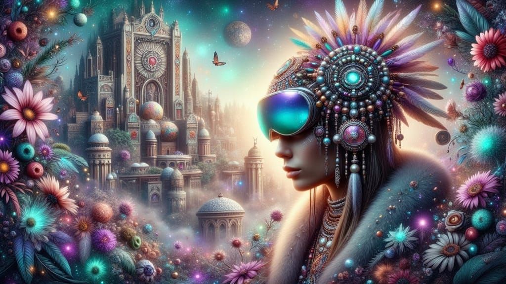 Utopian Future Cityscape with Woman in Retro-Futuristic Styl...