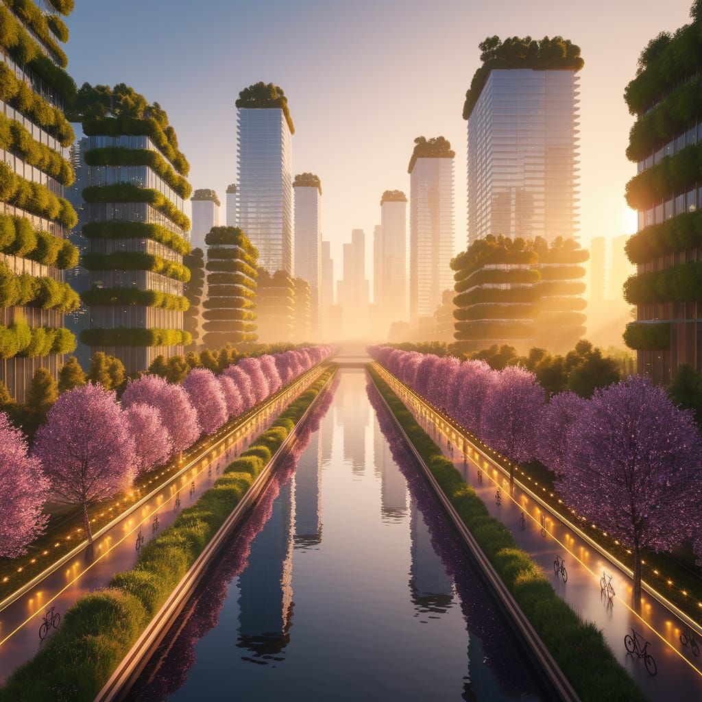Futuristic Eco-City at Sunrise: A Ghibli-Inspired Vision
