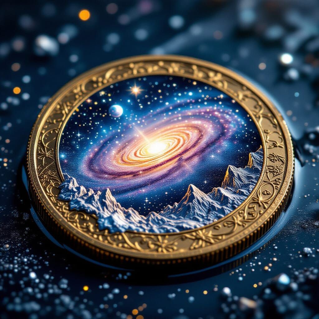 Ancient Coin With Galaxy Surface Submerged in Starlight