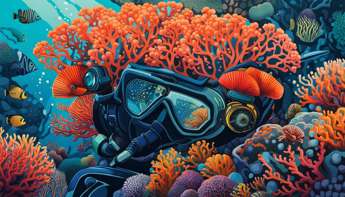 Scuba Diver Observes Coral: Cubist Underwater Illustration