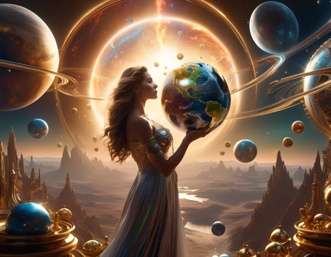 Woman Holding World and Child in Space