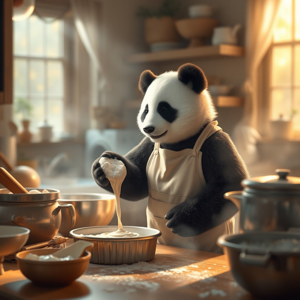 Panda Bear Baking Cake in Sunny Kitchen, Digital Art