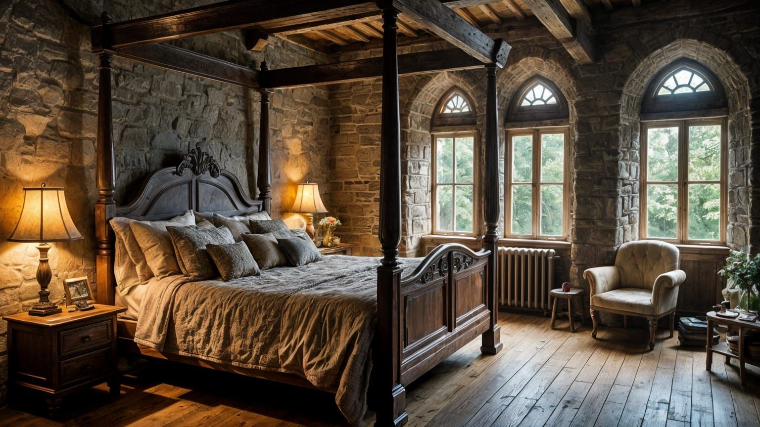 Rustic Elven Bedroom with Forest View, Hyperrealistic Photog...