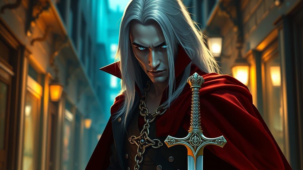 Regal Vampire Alucard in Red Cape and Gold Chain, Glowing Bl...