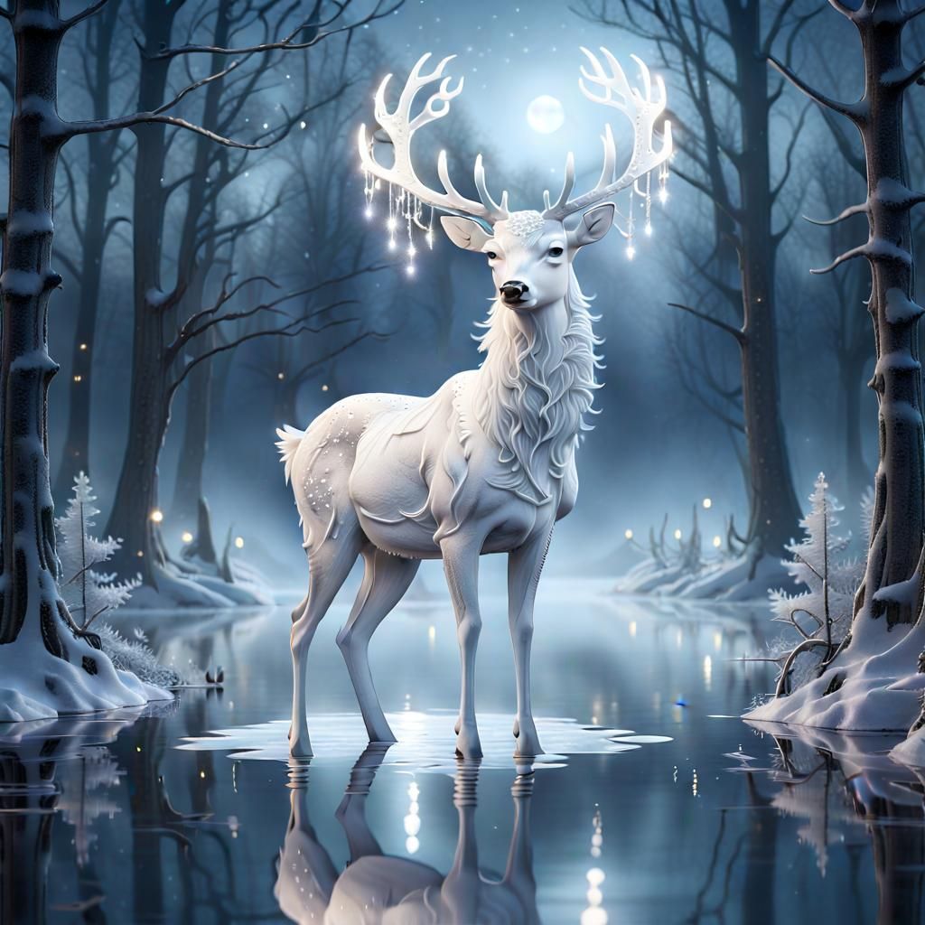 Ethereal Deer in Moonlit Forest, Ukiyo-E Style