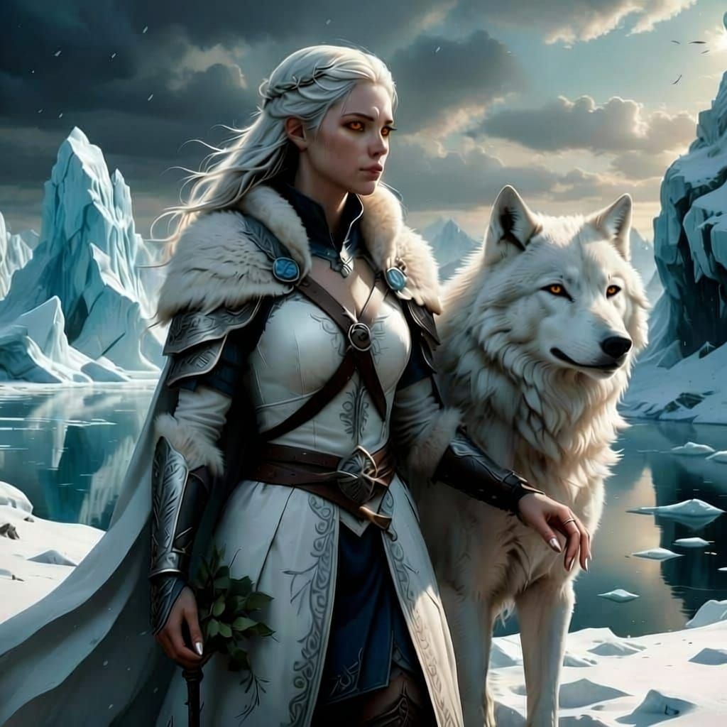 Wise White Wolf and Girl in Snowy Landscape