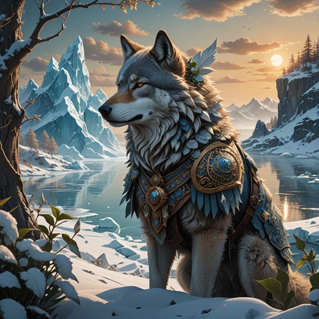 Wise Wolf Sniffing Green Sprout in Snowy Landscape