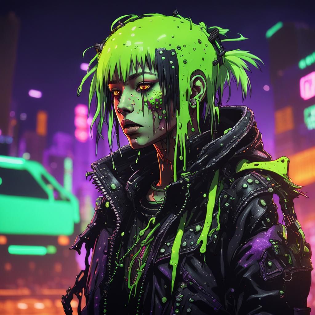 Cyberpunk Anime Portrait: Slime Punk Girl in Dystopian World
