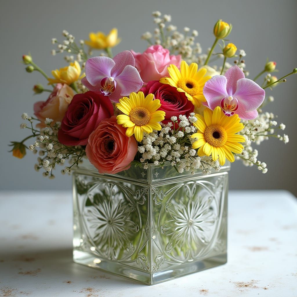 Elegant Glass Box Blooms with Vibrant Floral Bouquet