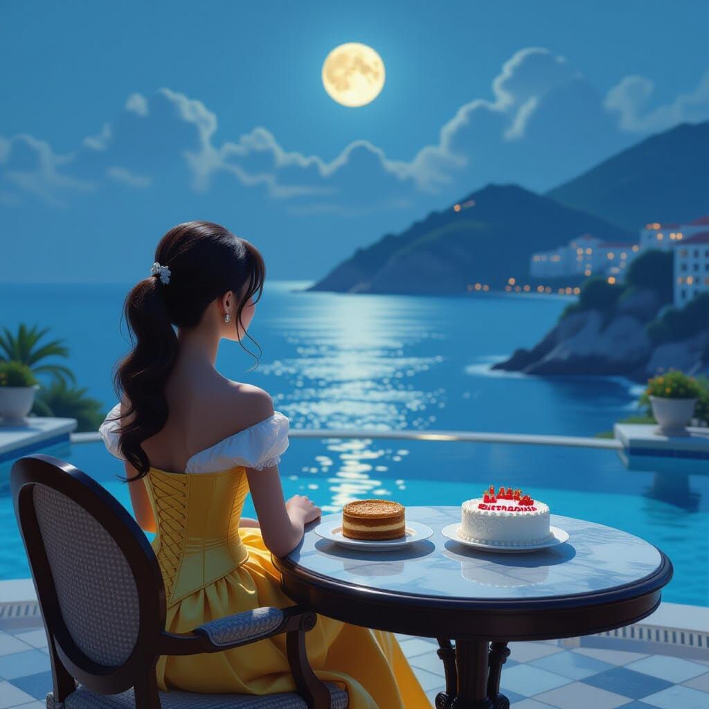 Schoolgirl Enjoys Birthday Cake by Moonlit Pool