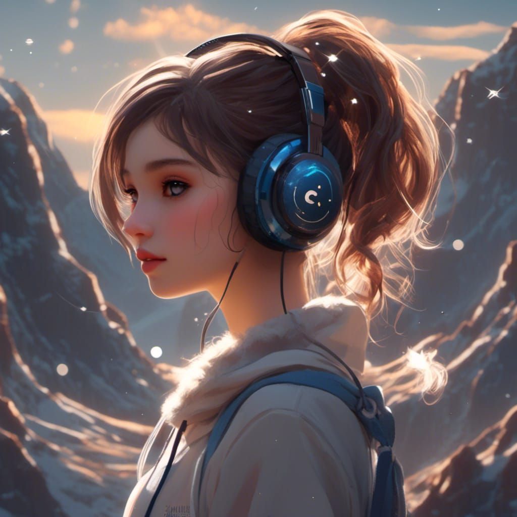 Anime Girl with Star Outfit and Headphones