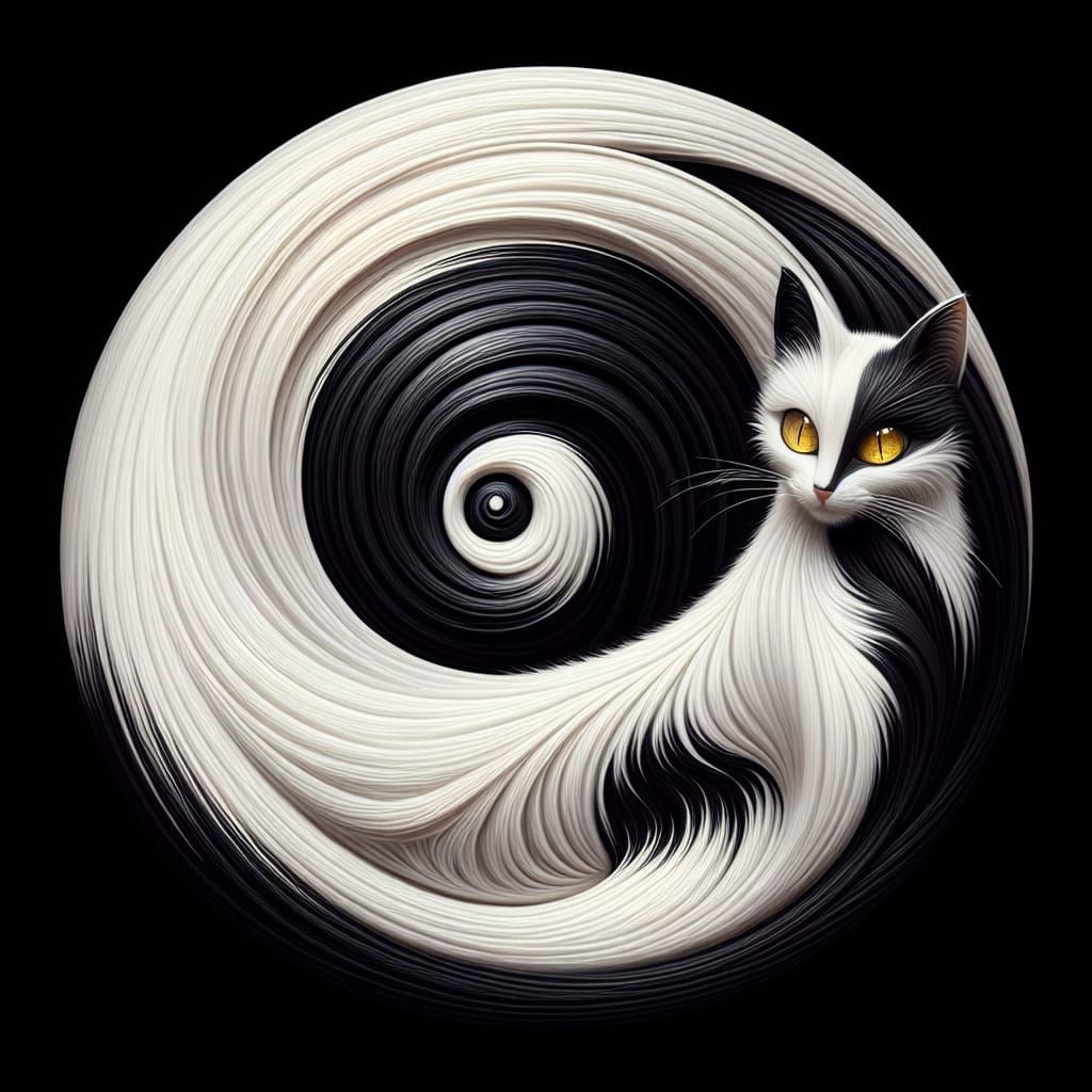 Hyper-Surreal Black and White Feline in Yin Yang Harmony