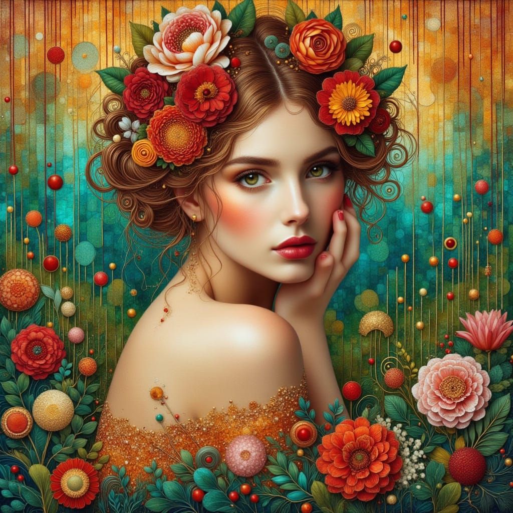 Woman with Roses in Lush Garden, Realistic Portrait