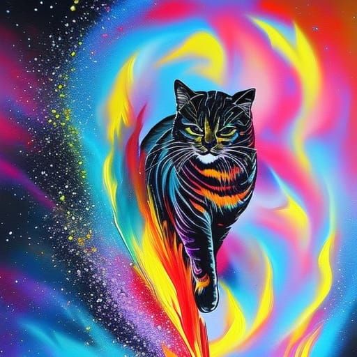 Flaming Space Cat in Vibrant Graffiti Art