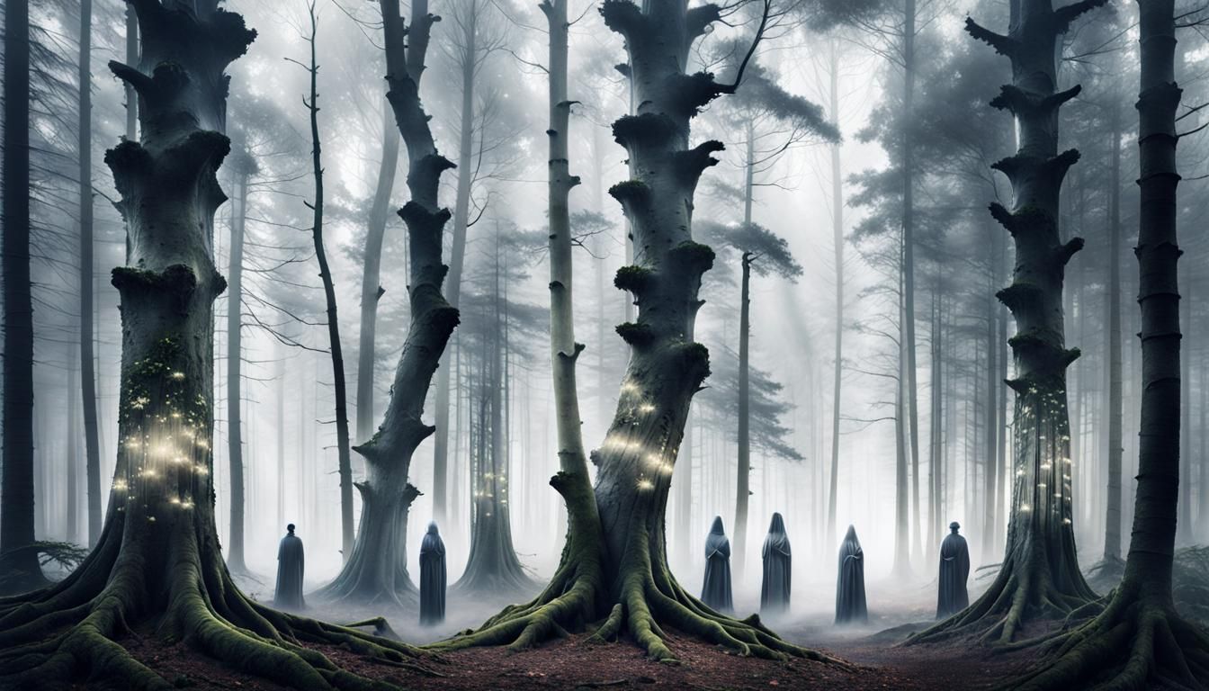 Eerie Double Exposure: Woodland Spirits in Misty Forest