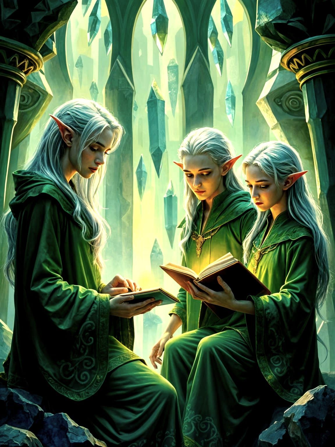 Elves Examining Emerald Empire, Fantasy Art