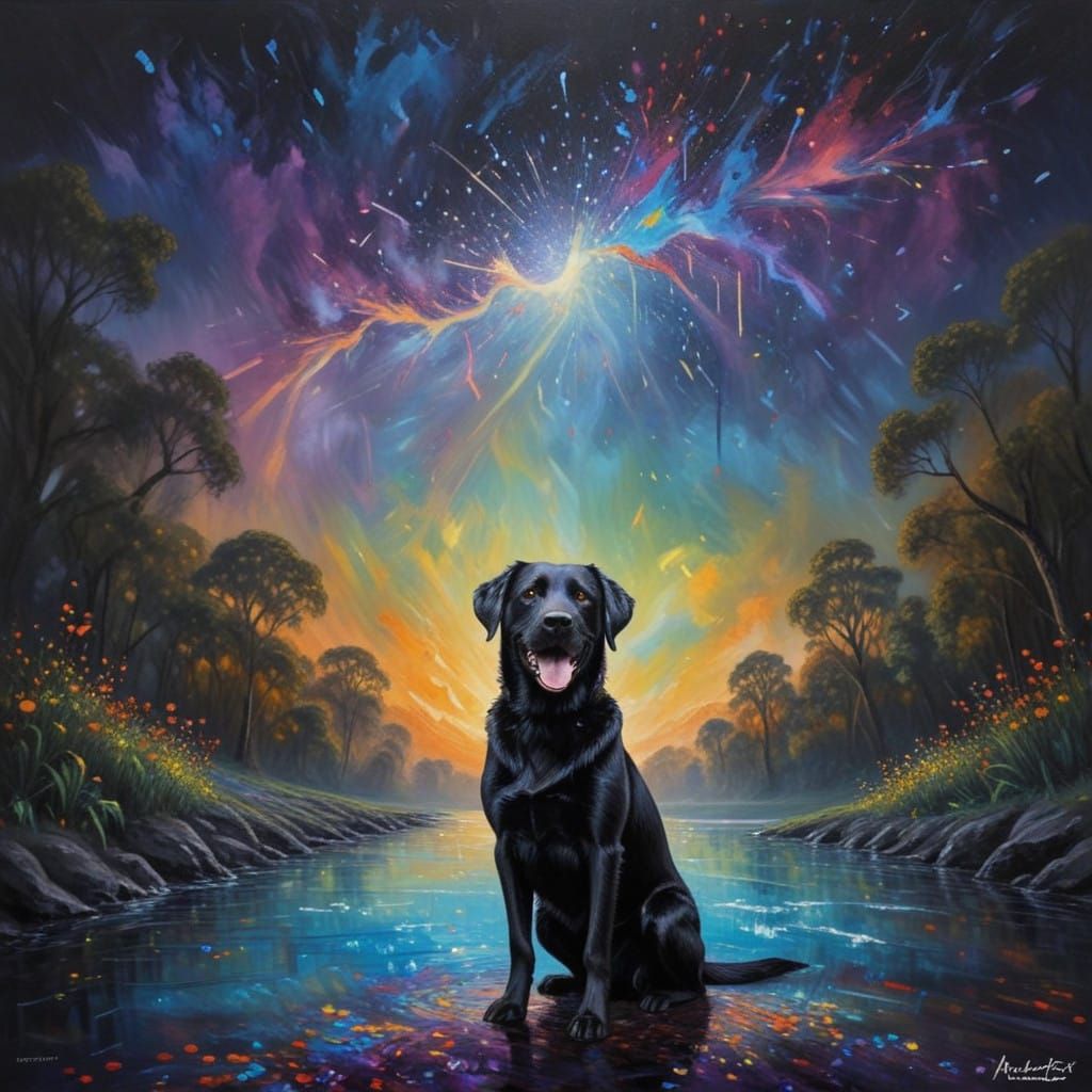 Smiling Black Labrador in Vibrant Impasto Celebrations