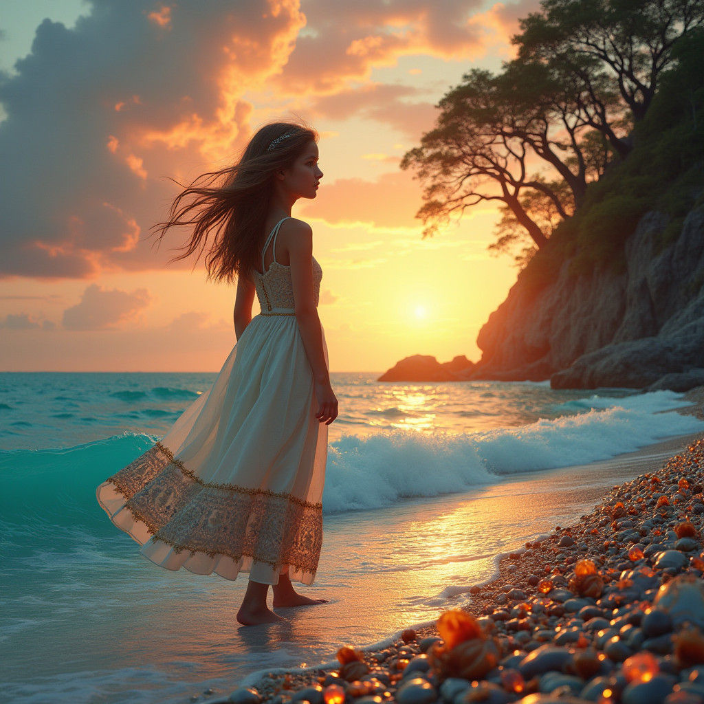 Girl at Sunset on Glowing Seashore