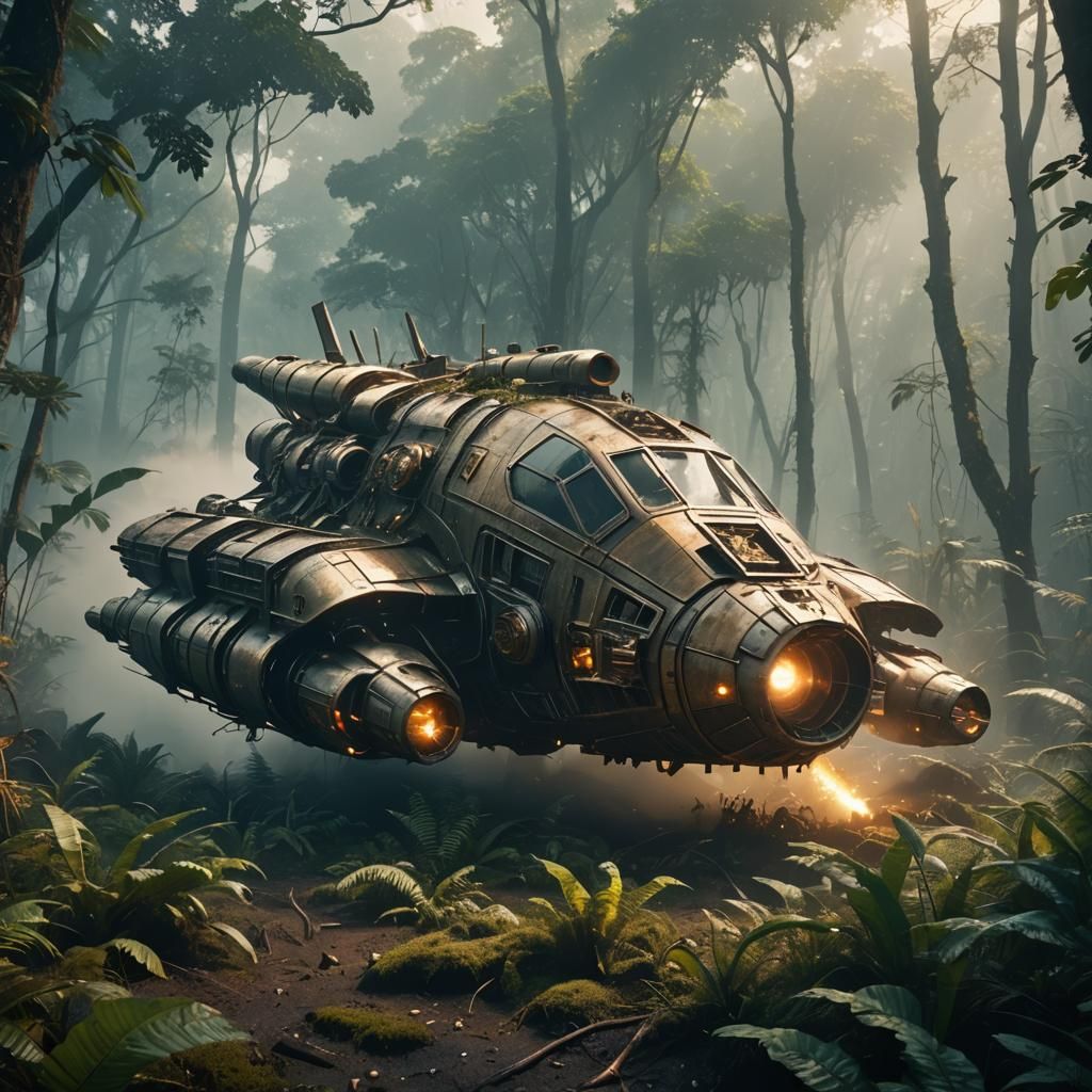 Dieselpunk Spaceship Crash in Jungle Mist