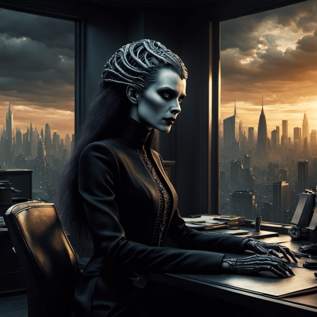 Ethereal Vampire Goddess Surveys Manhattan Sunset