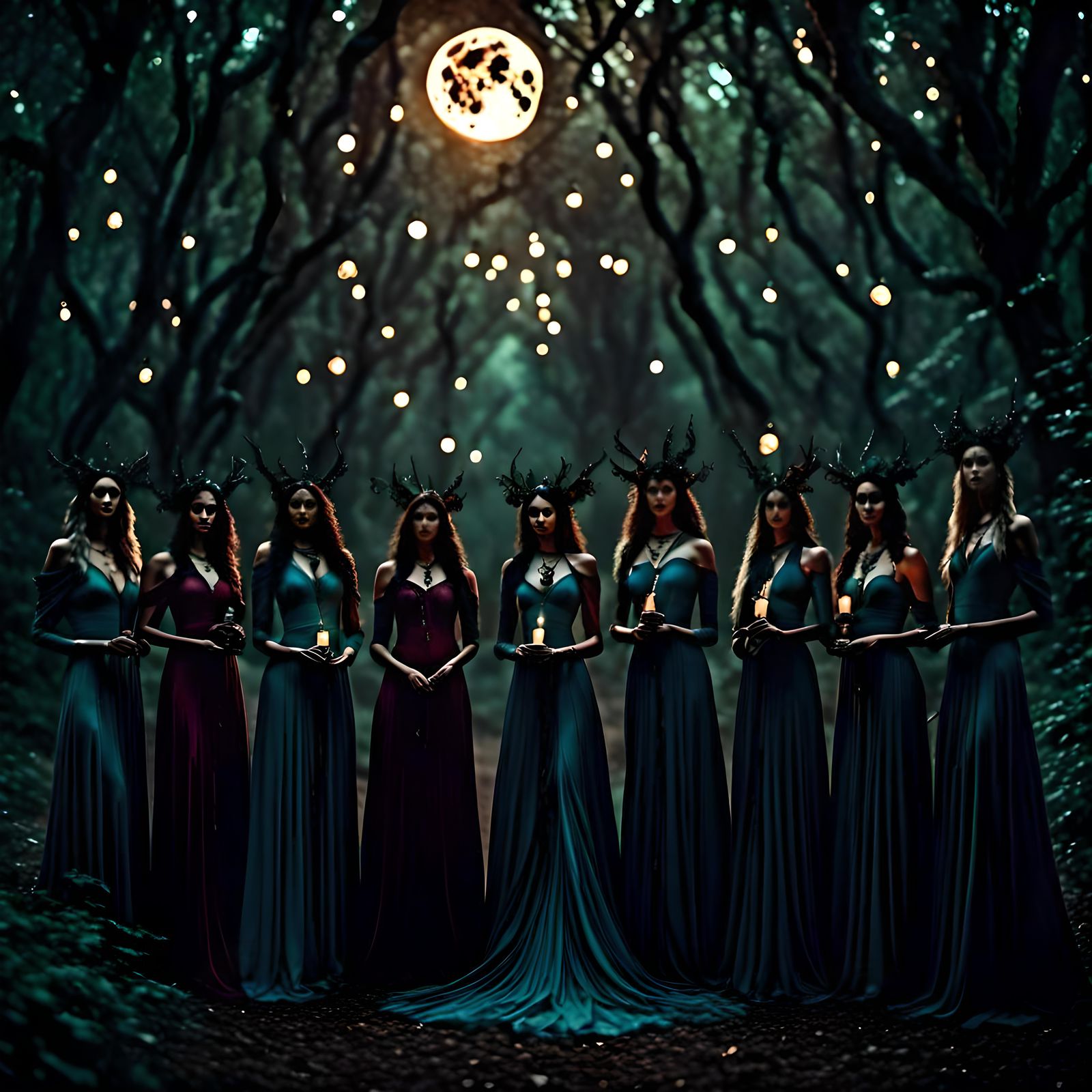 Celestial Witches Ritual in Forest, Digital Art