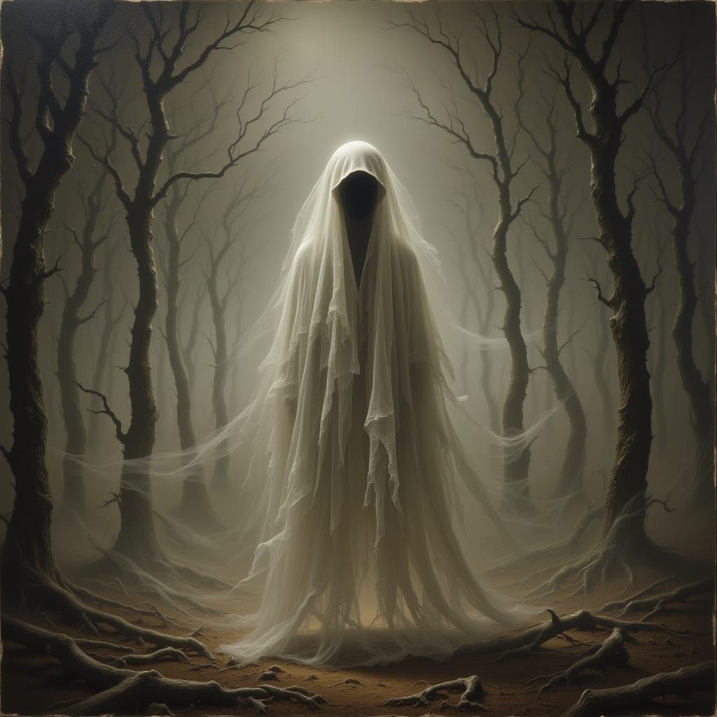 Ethereal Ghost in Haunted Landscape: Oil Painting