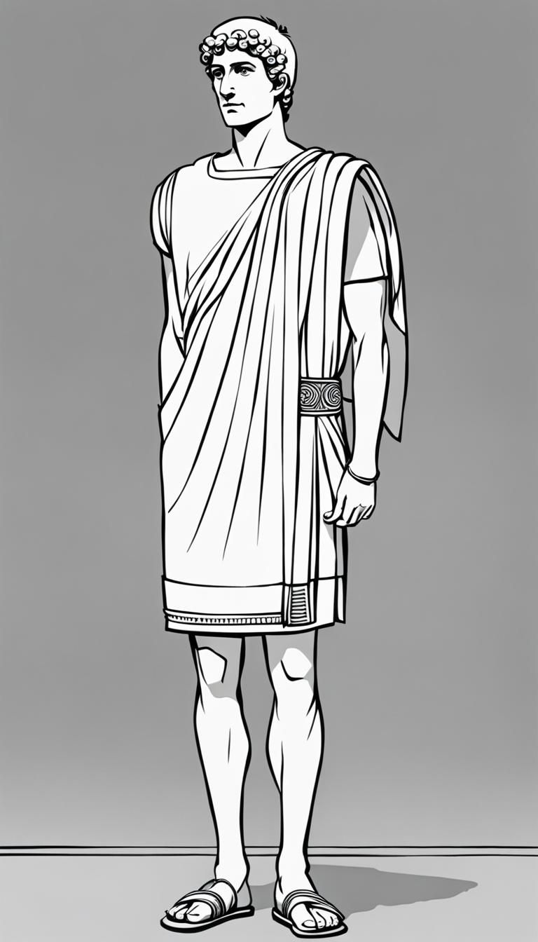 simple full-body line drawing a young roman man in a (mini-tunic:2.0) and sandals
