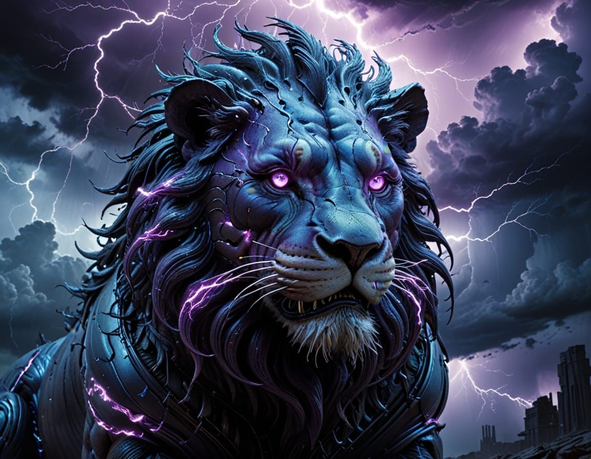 Thunderstorm Lion Roaring in Midnight Sky