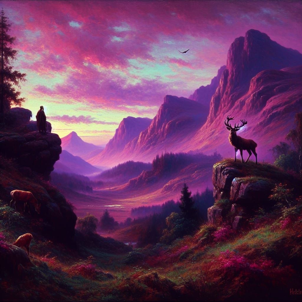 Highland Landscape with Stag in Romantic Style