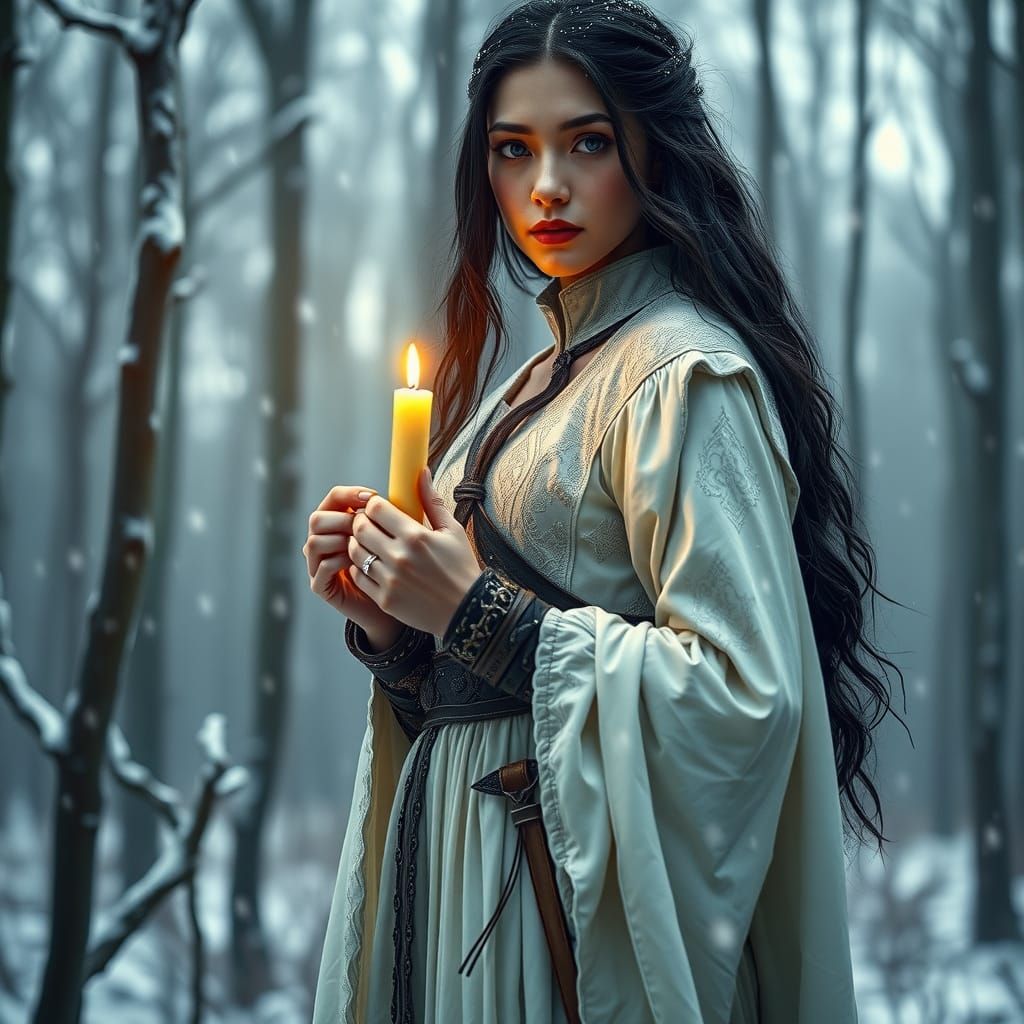 Medieval Woman Warrior in Snowy Forest