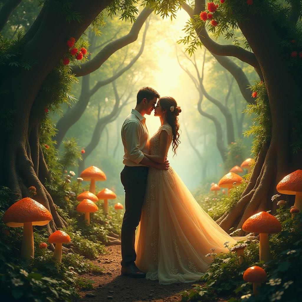 Enchanted Forest Embrace: A Dreamlike Fantasy Scene