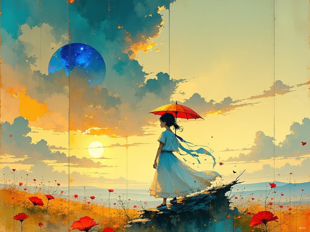 Digital Watercolor Girl Under Vibrant Pastel Parasol