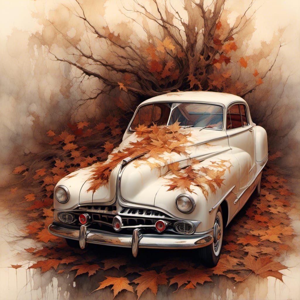 Colorful Vintage Car in Leafy Brown Landscape
