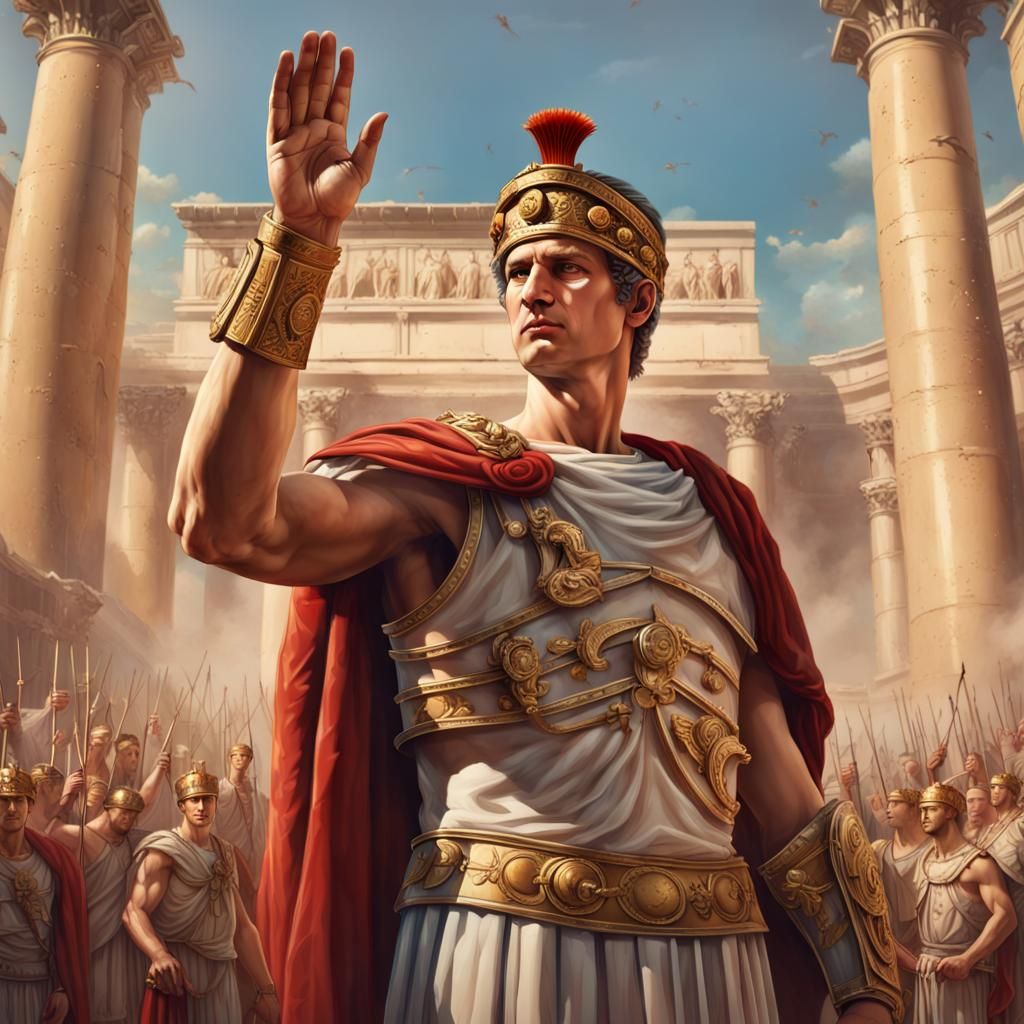 Emperor Augustus Salutes Roman Legions: Hyperrealistic Art