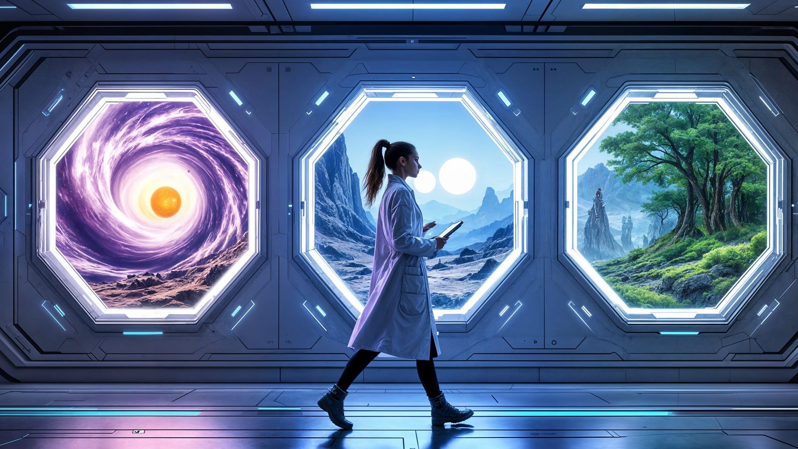 Cyberpunk Scientist Navigates Futuristic Space Portals